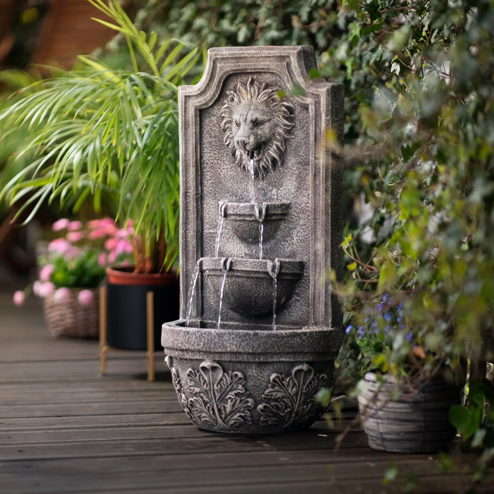 Location - Fontaine solaire - Tête de lion en cascade 3 niveaux - Eclairage LED