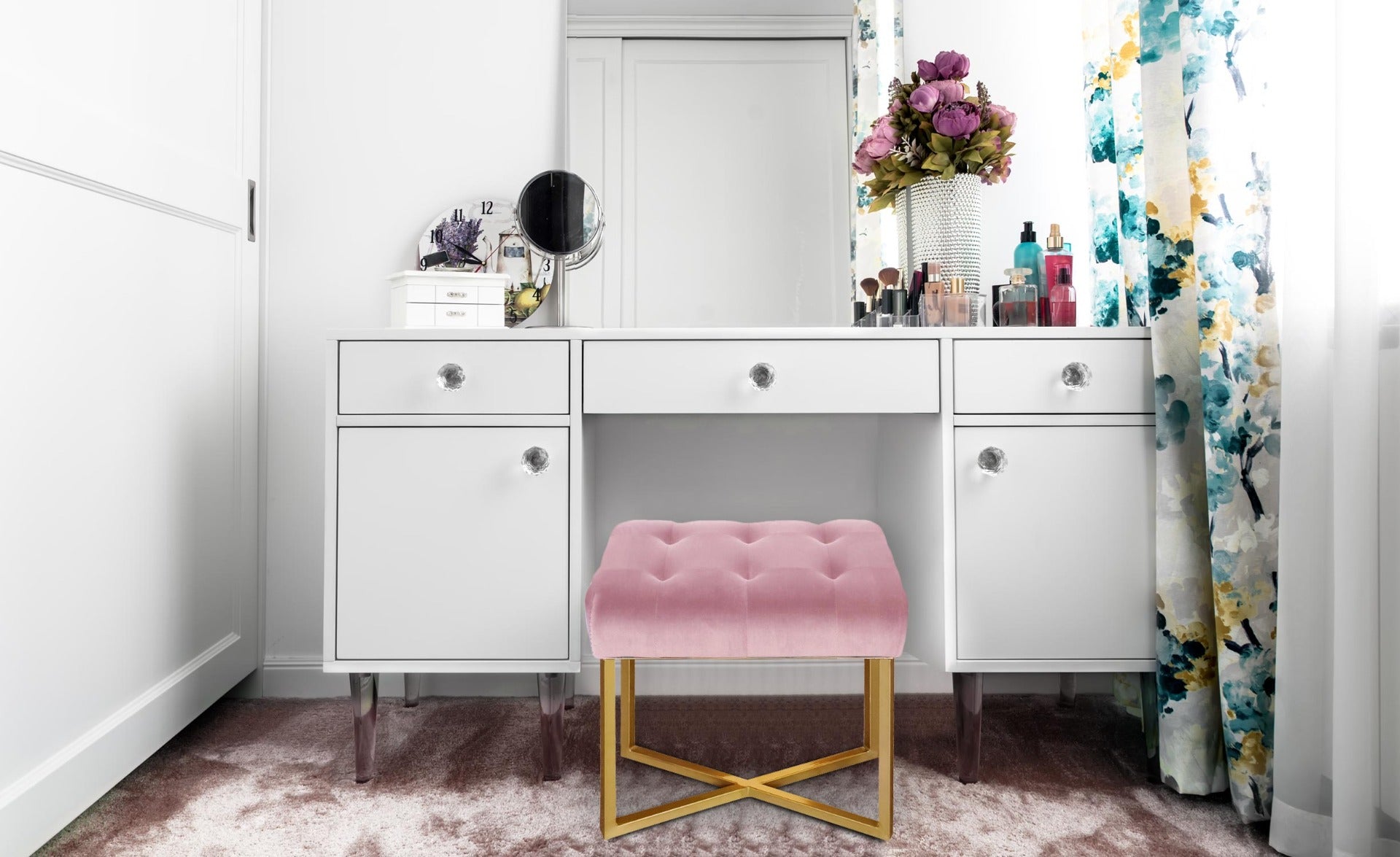 Location - Tabouret pouf rectangle Fauve Velours Rose pied Or