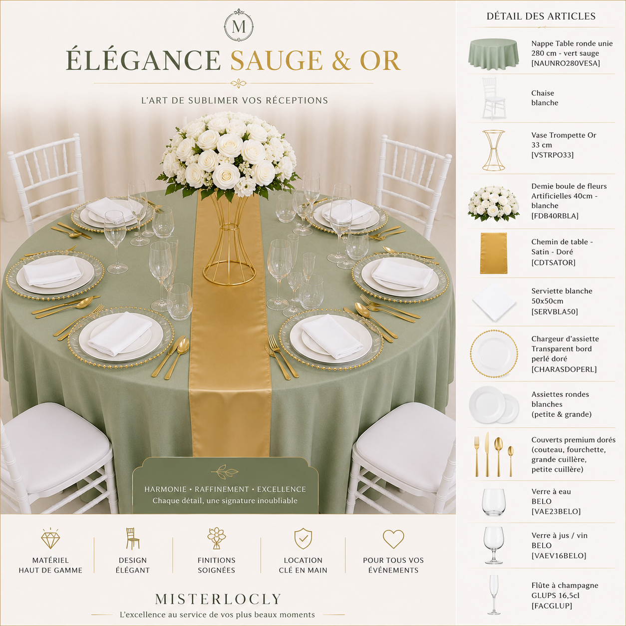 Location - [Table garnie PAP] Table ronde 10 personnes - Pack Auréa Sauge