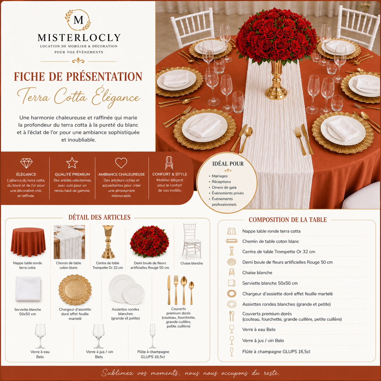 Location - [Table garnie PAP] Table ronde 10 personnes - Pack Terra Cotta Élégance