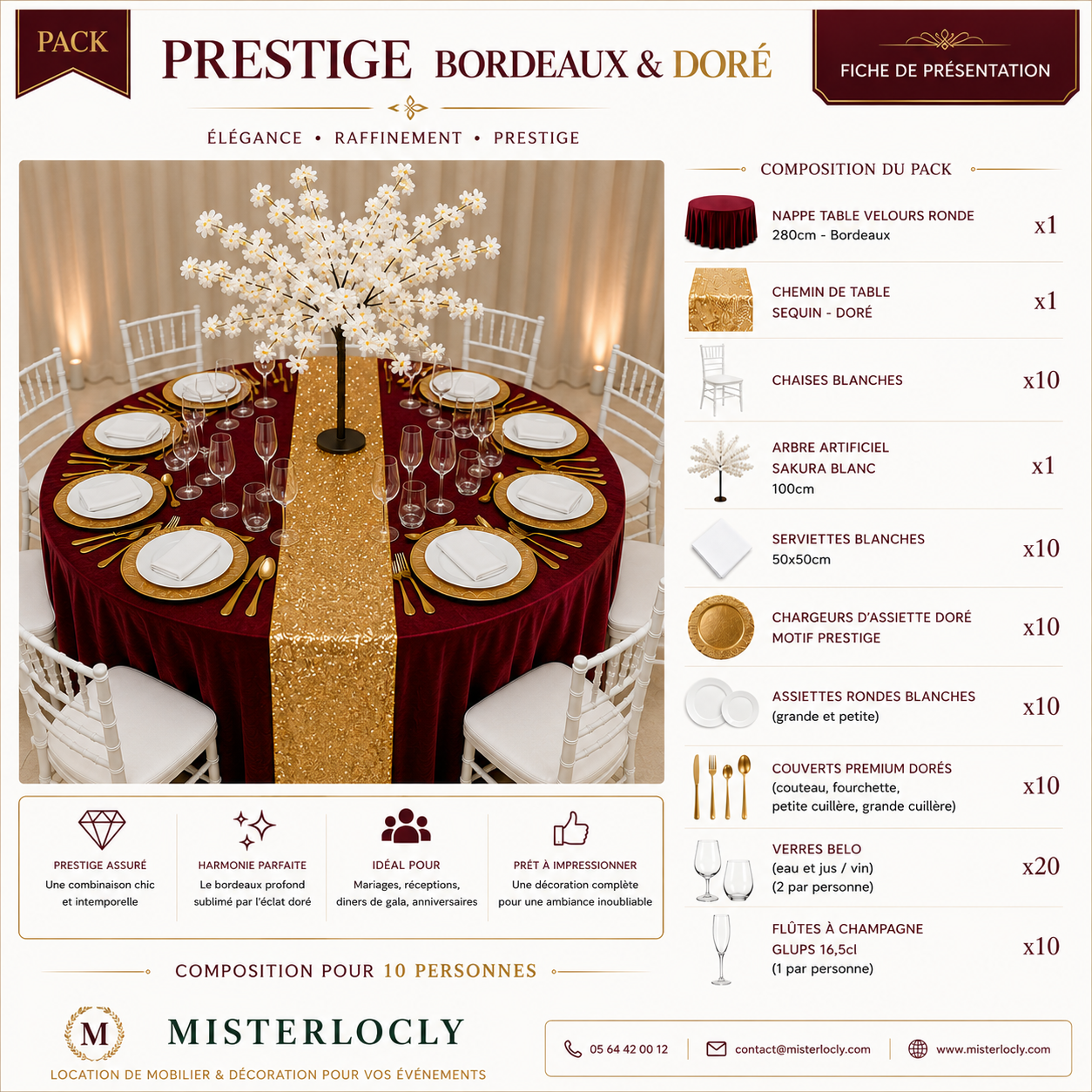 Location - [Table garnie PAP] Table ronde 10 personnes - pack impérial sakura