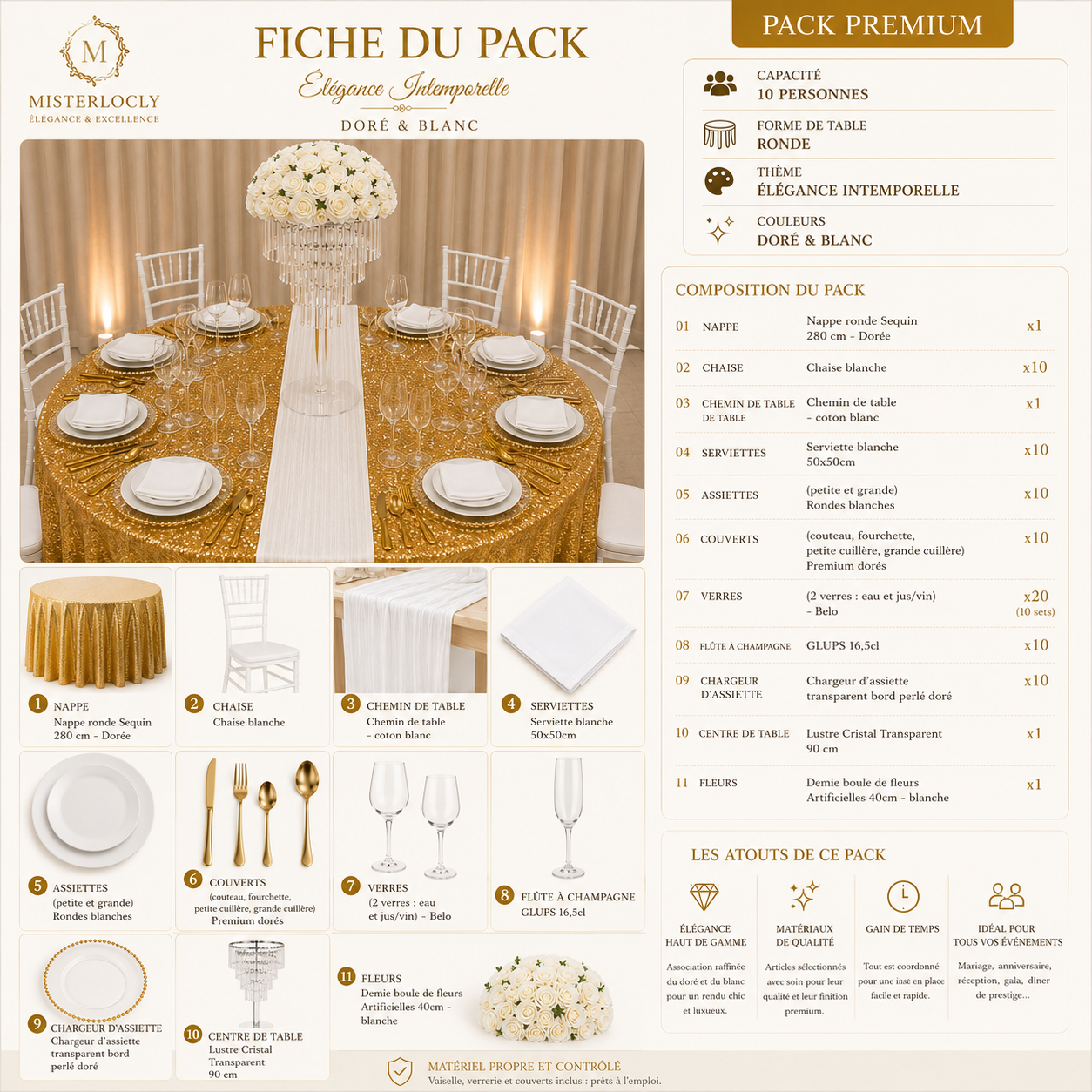Location - [Table garnie PAP] Table ronde 10 personnes - Pack Élégance Intemporelle