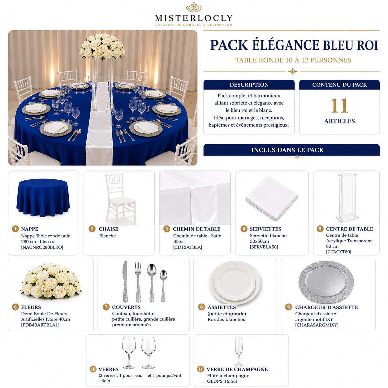 Location - [Table garnie PAP] Table ronde 10 personnes - Pack Élégance Bleu Roi