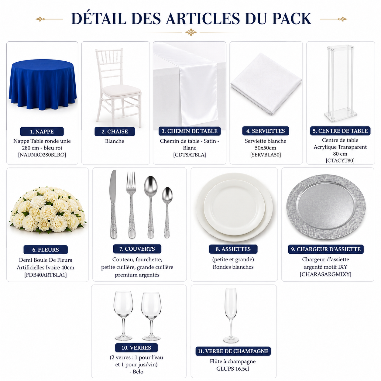 Location - [Table garnie PAP] Table ronde 10 personnes - Pack Élégance Bleu Roi