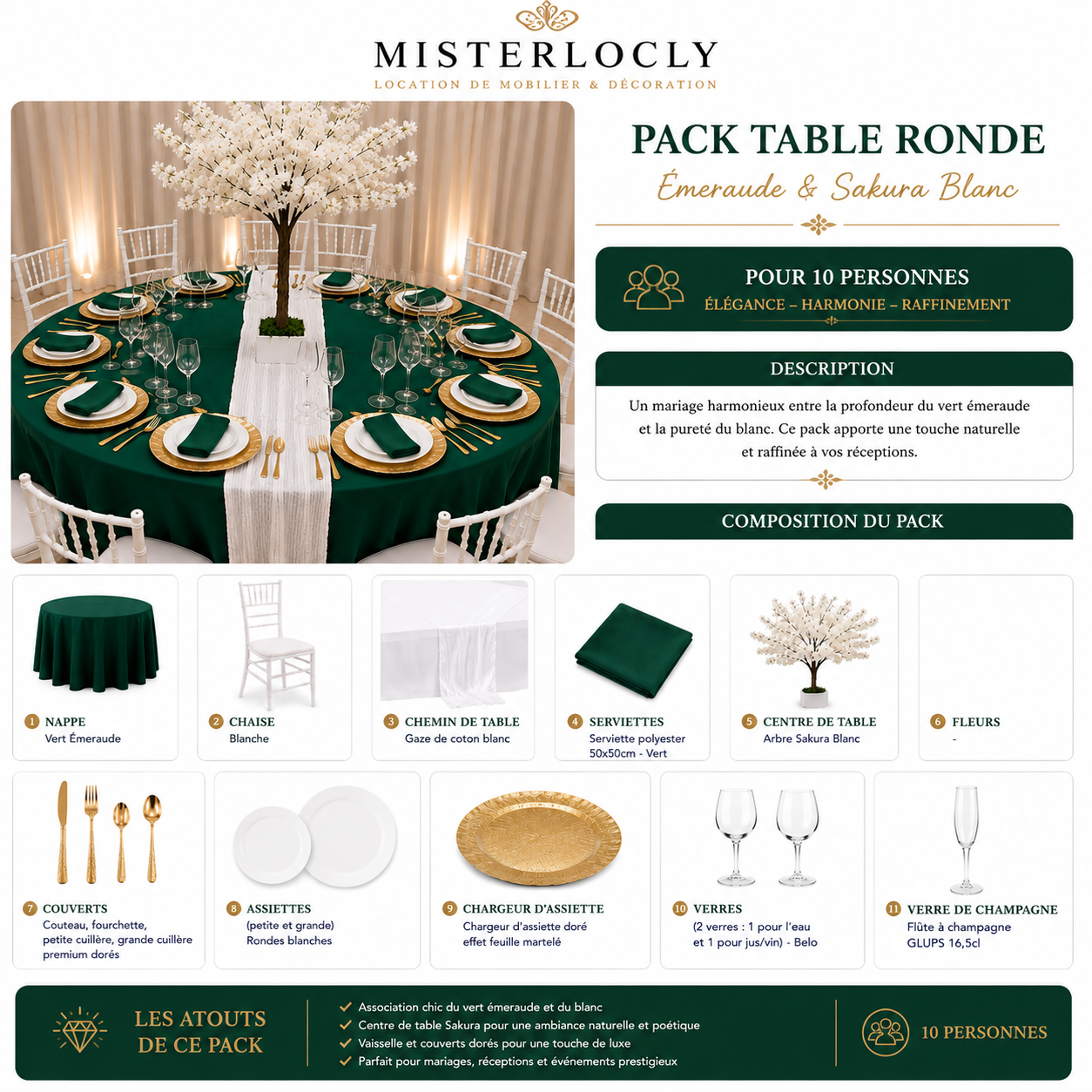 Location - [Table garnie PAP] Table ronde 10 personnes - Pack Émeraude Royale