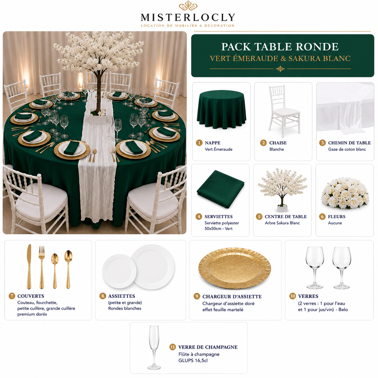 Location - [Table garnie PAP] Table ronde 10 personnes - Pack Émeraude Royale