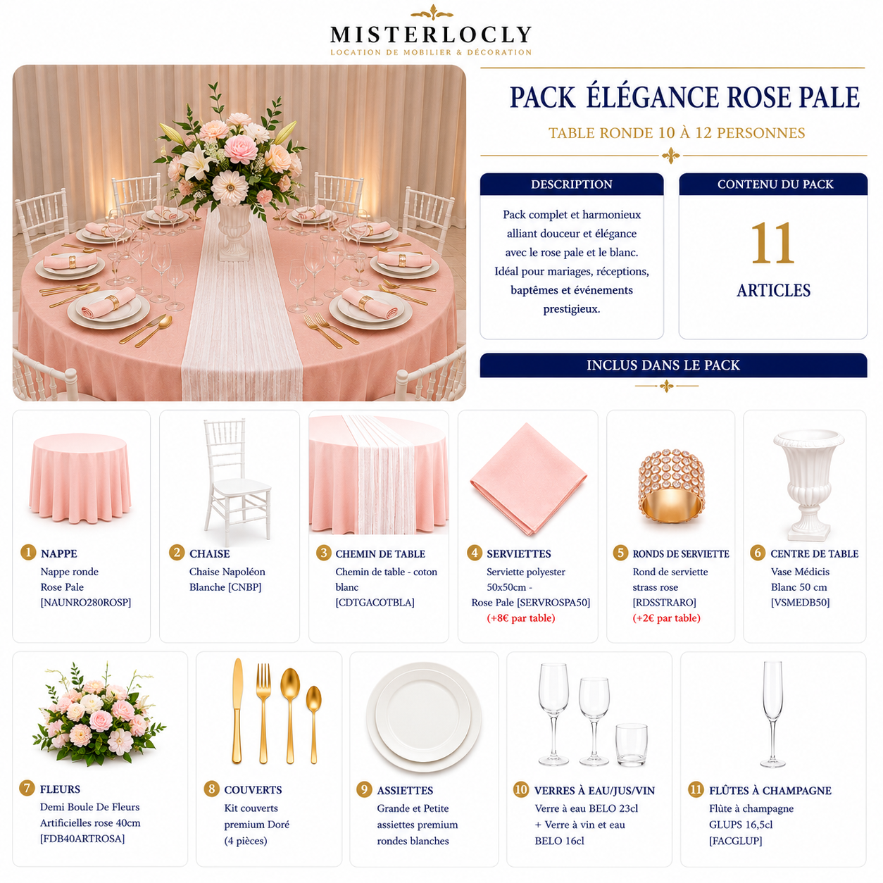 Location - [Table garnie PAP] Table ronde 10 personnes - Pack Élégance Rose Pâle