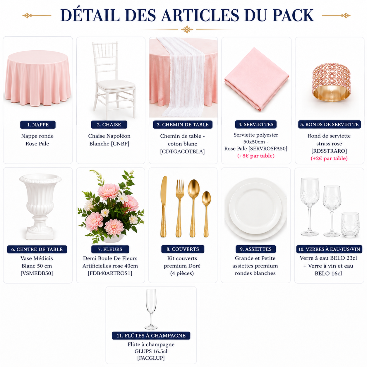 Location - [Table garnie PAP] Table ronde 10 personnes - Pack Élégance Rose Pâle