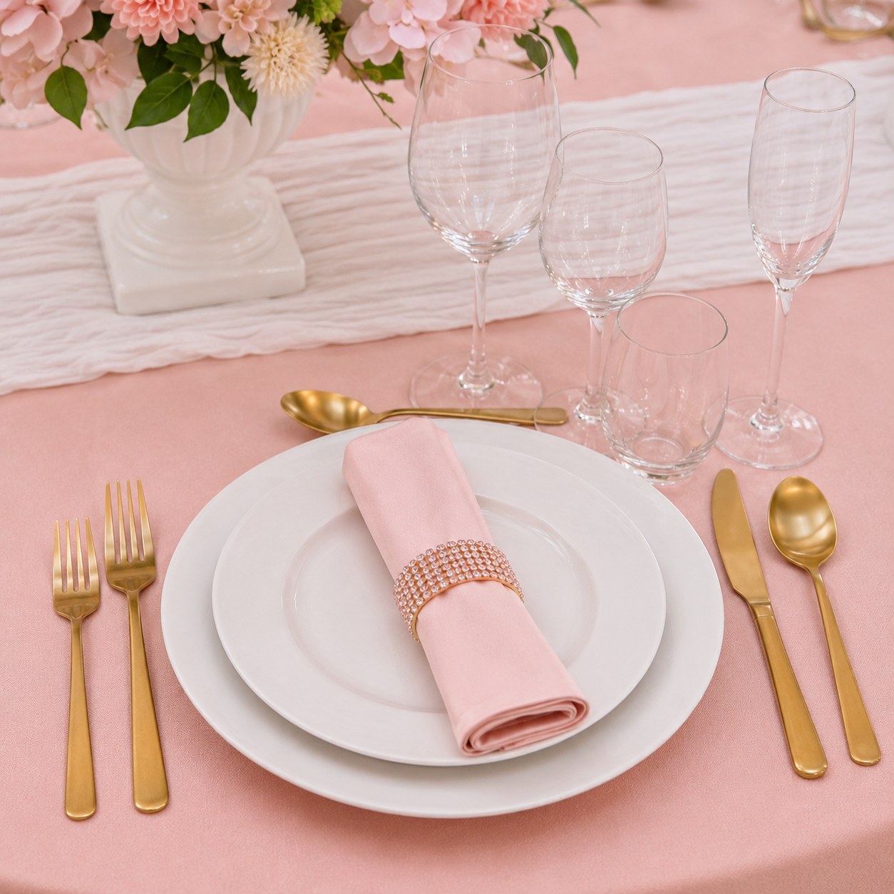 Location - [Table garnie PAP] Table ronde 10 personnes - Pack Élégance Rose Pâle
