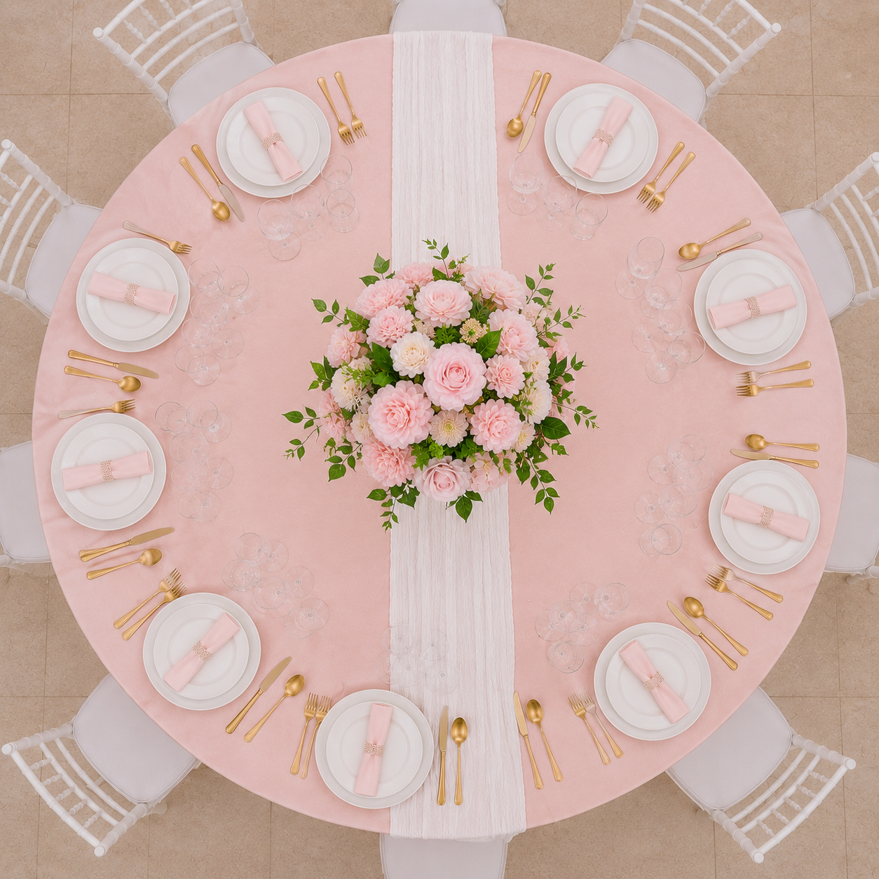 Location - [Table garnie PAP] Table ronde 10 personnes - Pack Élégance Rose Pâle
