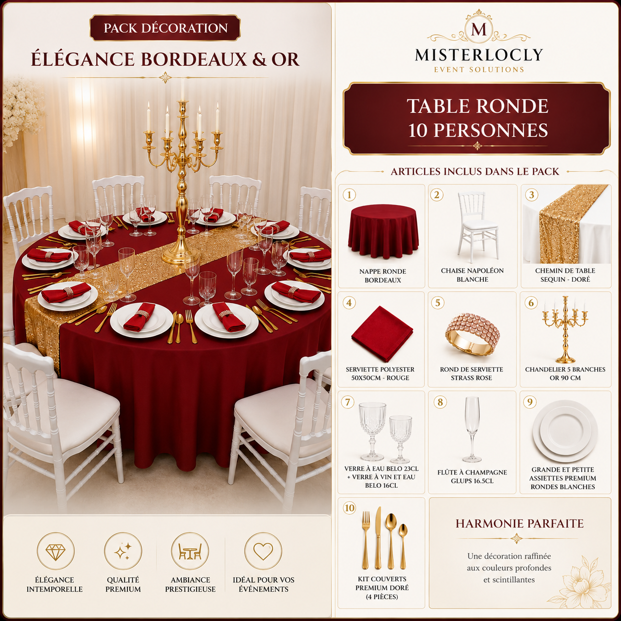 Location - [Table garnie PAP] Table ronde 10 personnes - Pack Rubis Impérial