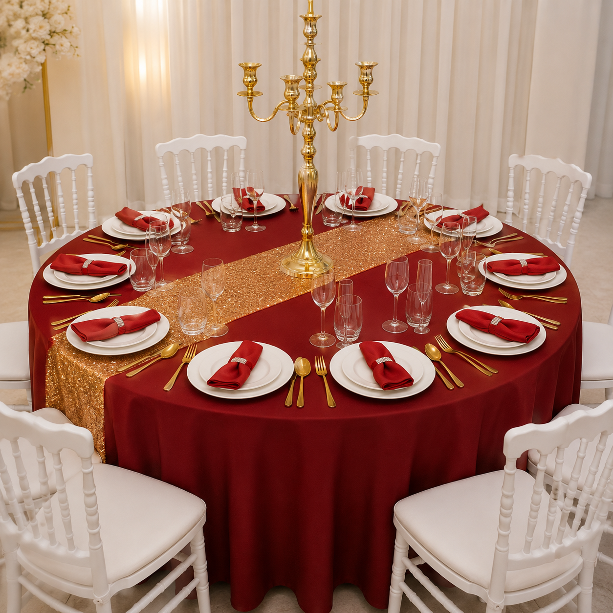Location - [Table garnie PAP] Table ronde 10 personnes - Pack Rubis Impérial