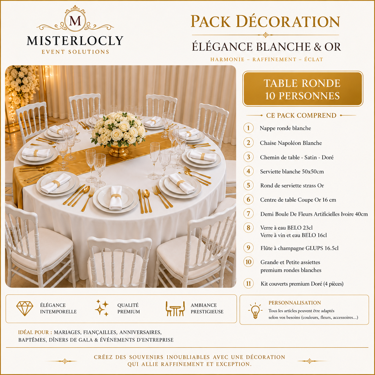 Location - [Table garnie PAP] Table ronde 10 personnes - Pack Pure Prestige