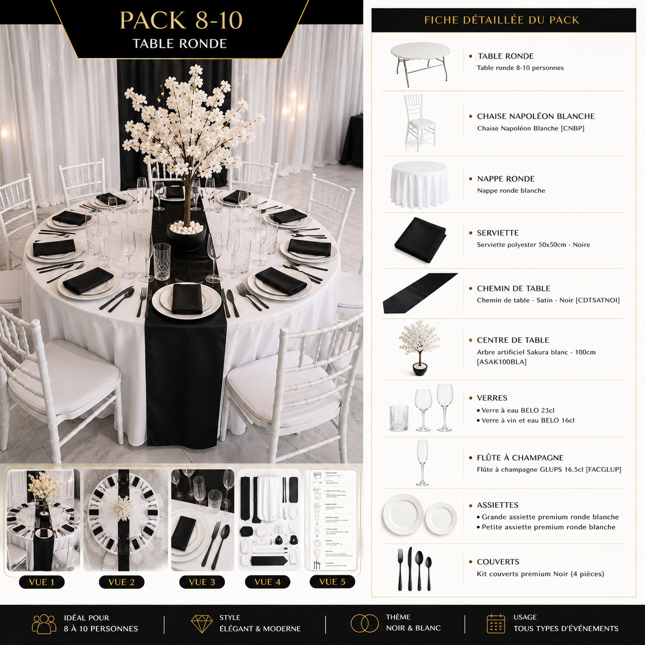 Location - [Table garnie PAP] Table ronde 10 personnes - Pack Noctis Blossom