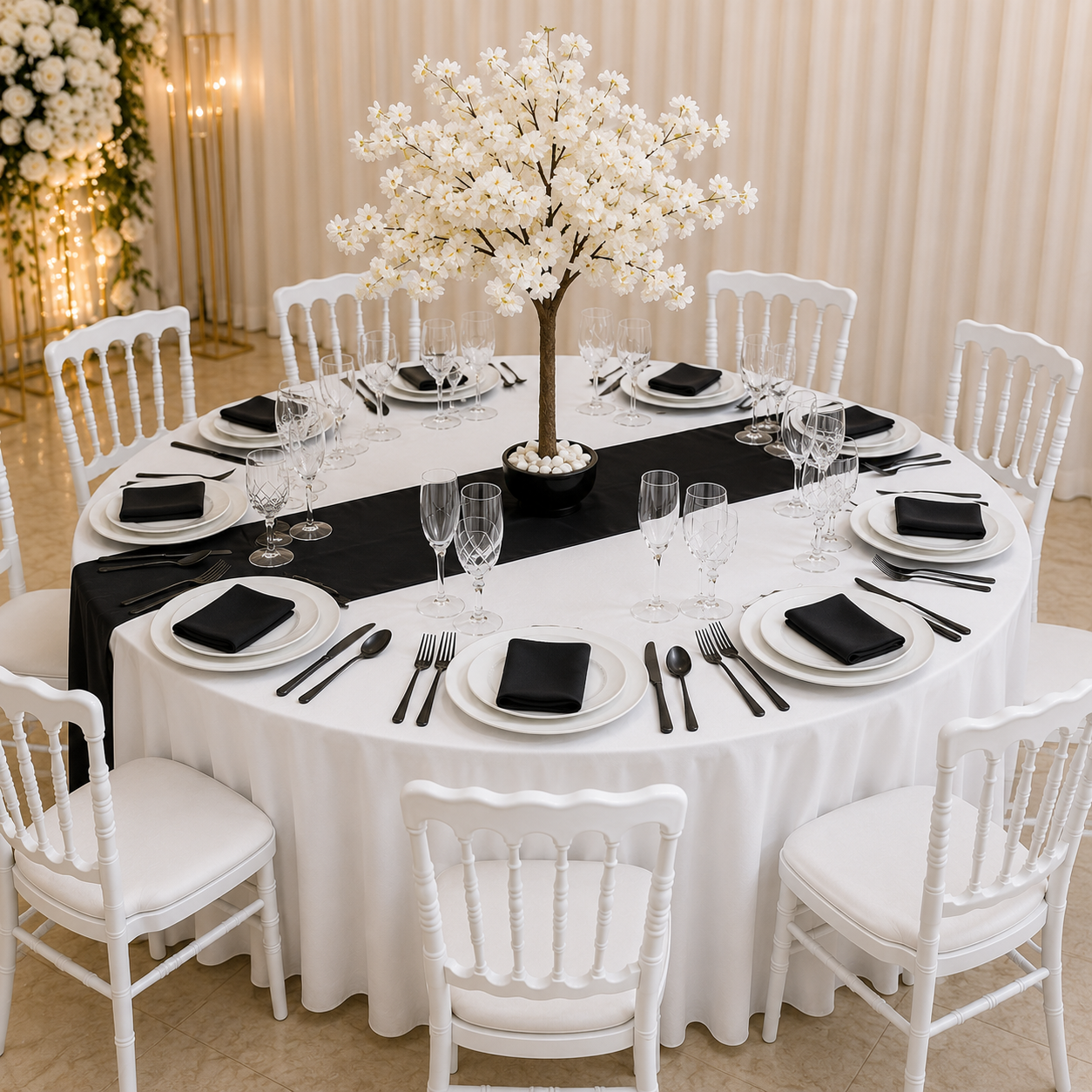 Location - [Table garnie PAP] Table ronde 10 personnes - Pack Noctis Blossom