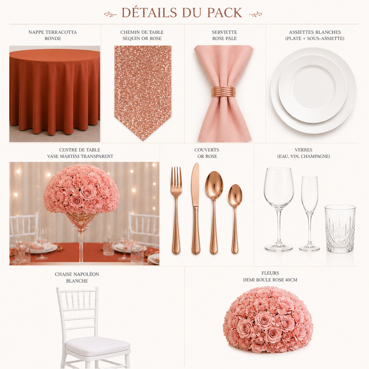 Location - [Table garnie PAP] Table ronde 10 personnes - Pack Terracotta Or Rose