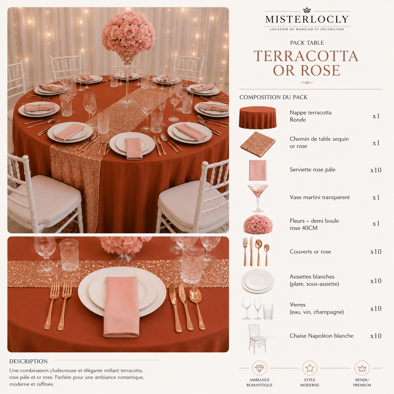 Location - [Table garnie PAP] Table ronde 10 personnes - Pack Terracotta Or Rose