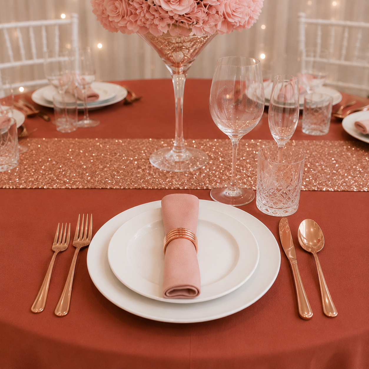 Location - [Table garnie PAP] Table ronde 10 personnes - Pack Terracotta Or Rose