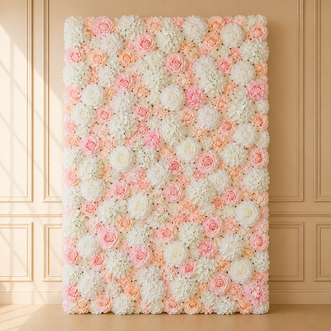 Location - Mur de Fleurs rose et blanche - hortensia piquée de pivoines 180x160cm