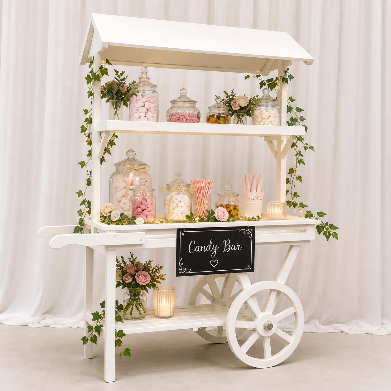 Location - Charette Candy Bar en Bois Blanc BUFFET [CHARCANBUFF1]