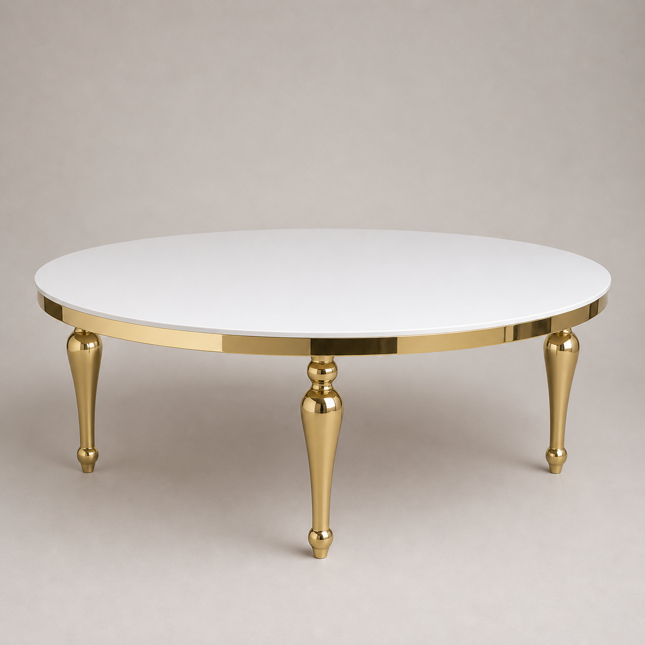 Location - Table d'honneur ronde de réception en Inox Or + plateau blanc Dalia [TAHOTOINOR]