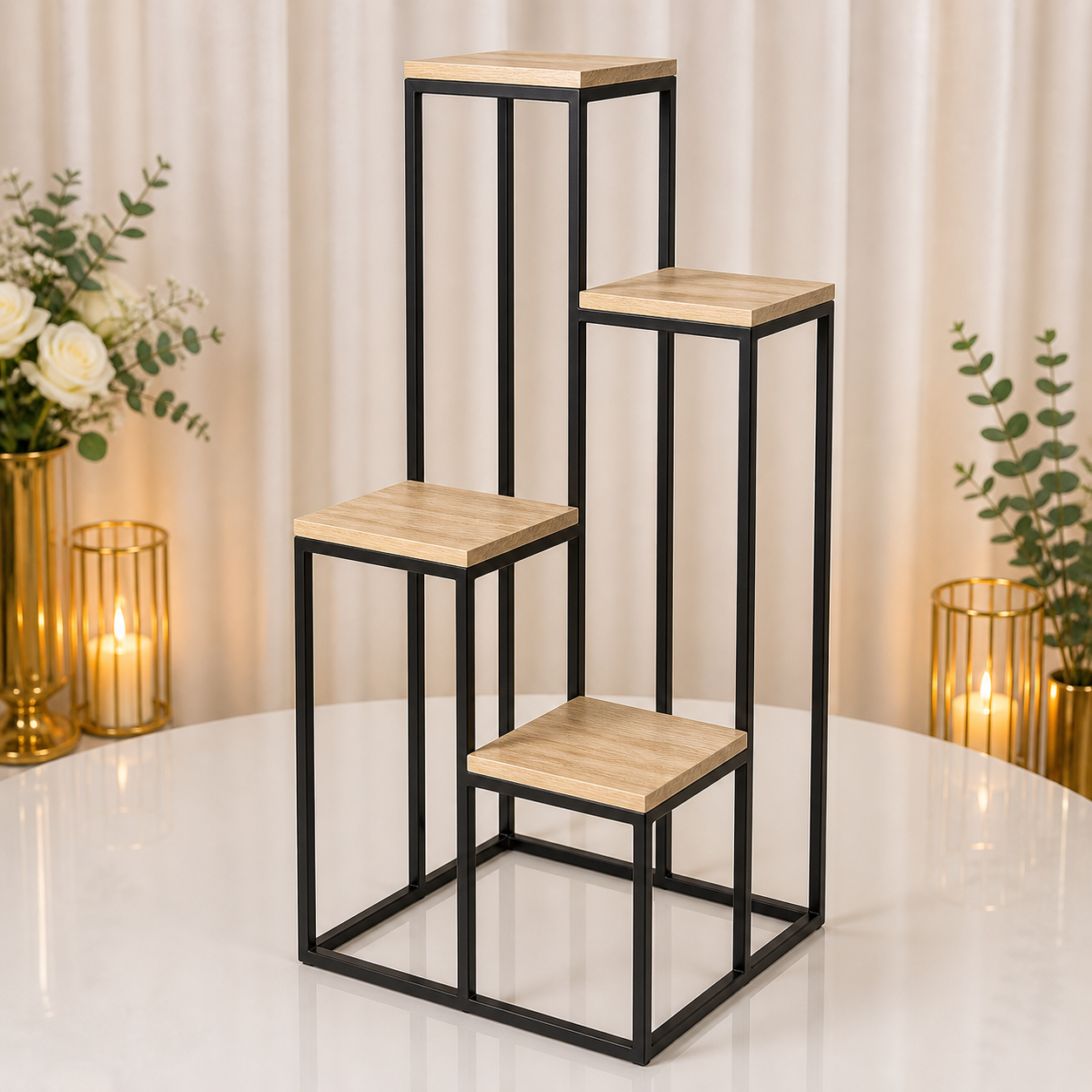 Location - Présentoir métal avec 4 tablettes en bois carrées
