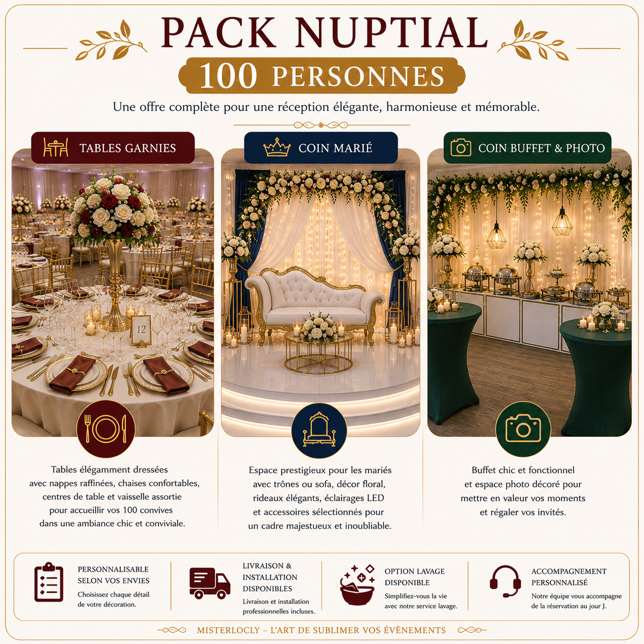 Location - Pack Nuptial Complet pour 100 Convives - Célébration Élégante Prestige