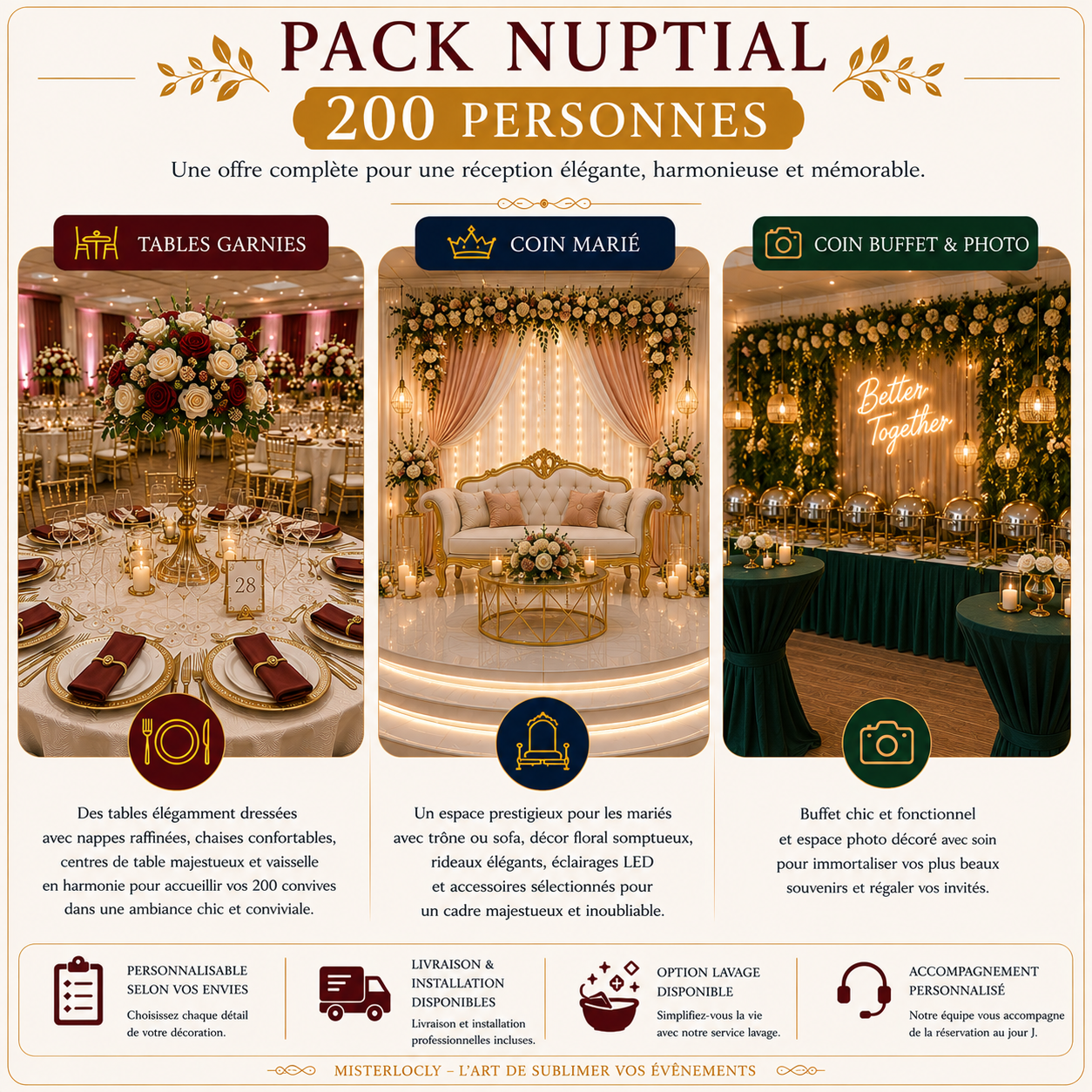 Location - Pack Nuptial Complet pour 200 Convives - Expérience Nuptiale Royale