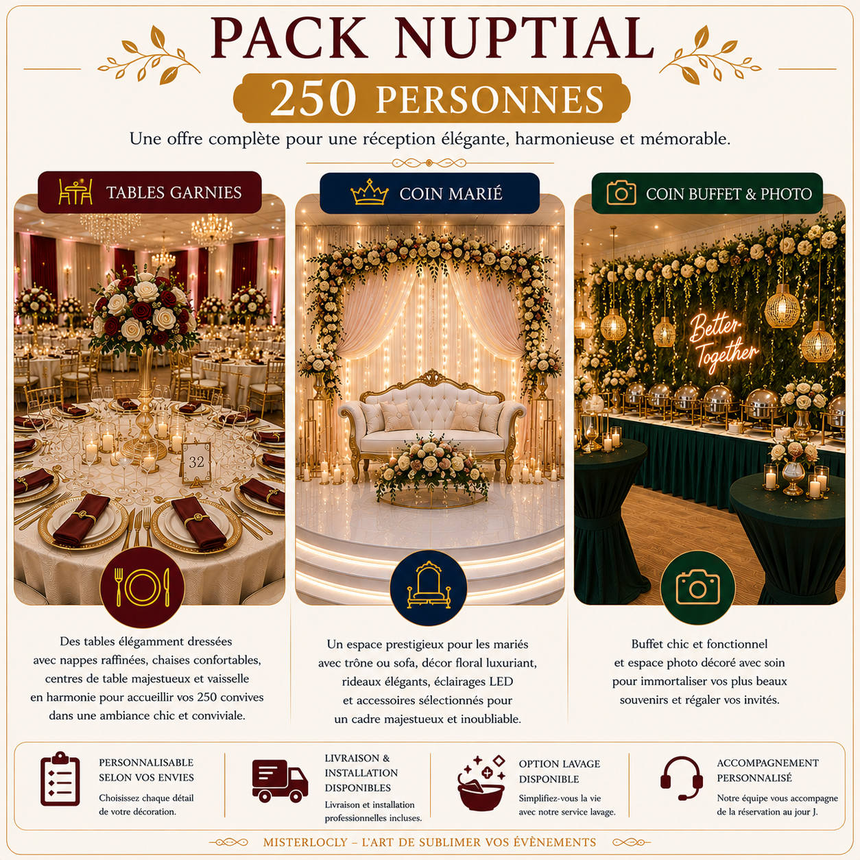 Location - Pack Nuptial Complet pour 250 Convives - Splendeur Inégalée