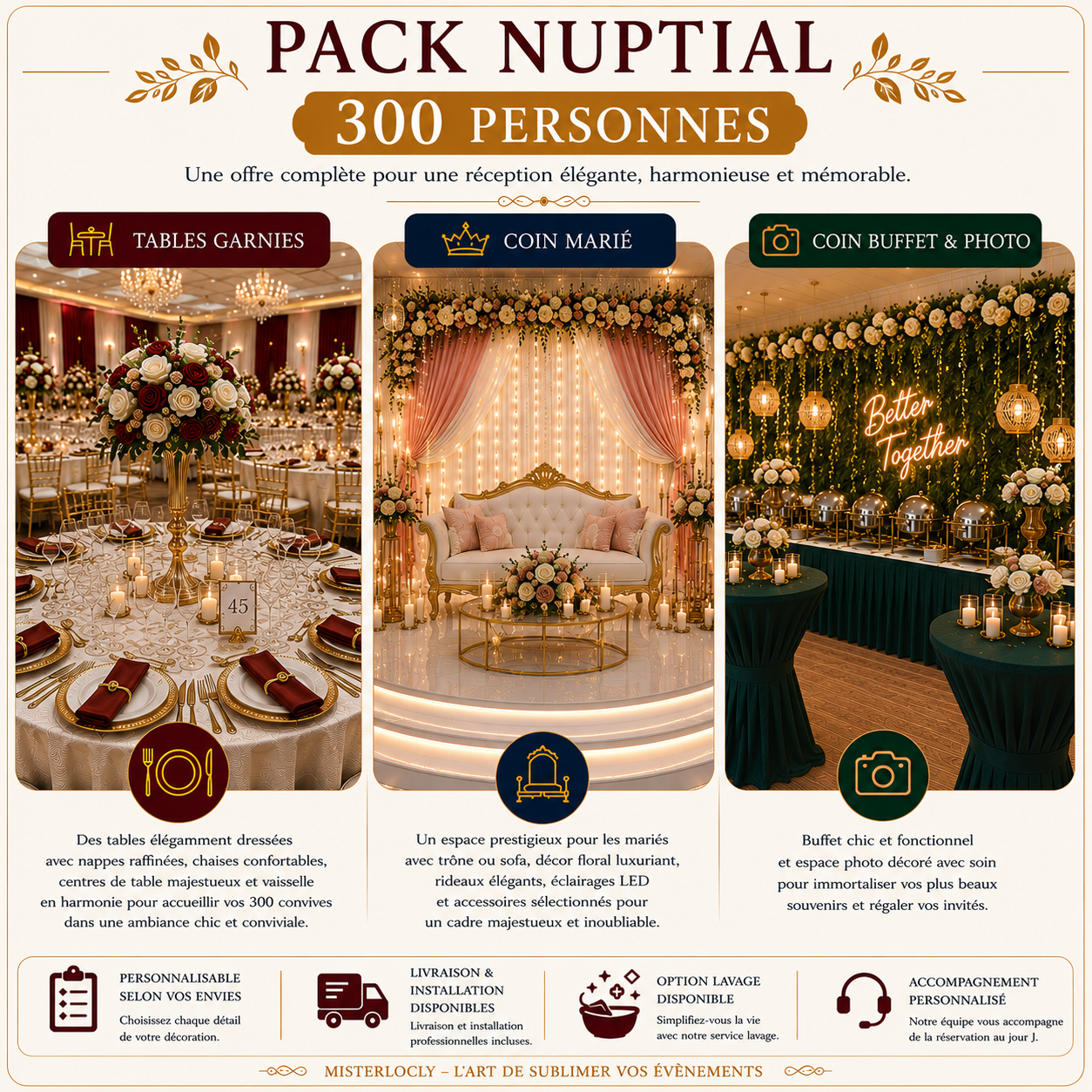 Location - Pack Nuptial Complet pour 300 Convives - Mariage Majestueux