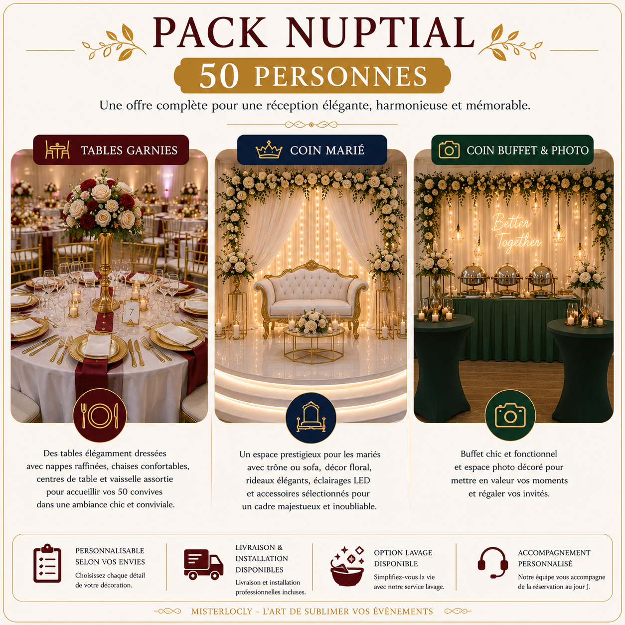 Location - Pack Nuptial Complet pour 50 Convives - Élégance et Raffinement