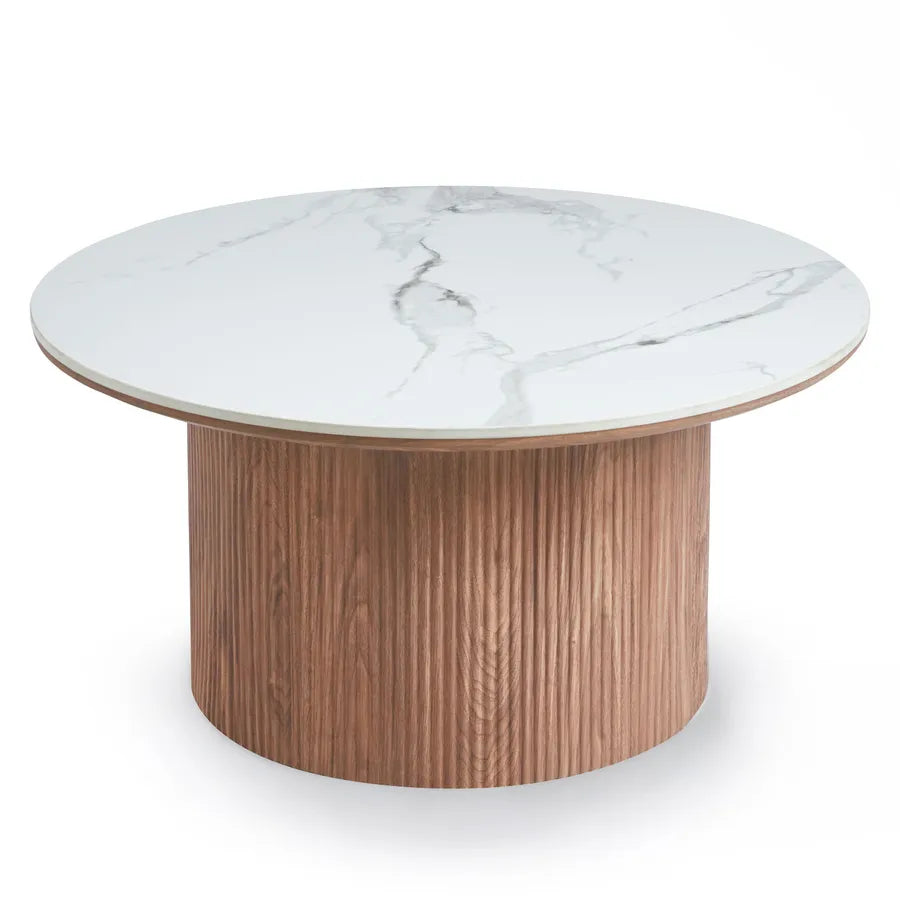 Location - Table basse ronde effet marbre blanc & bois – Eglantine 80cm [TABAMABLABO]