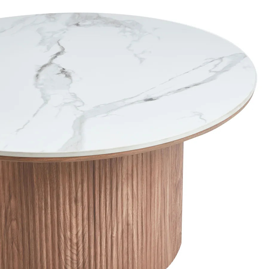 Location - Table basse ronde effet marbre blanc & bois – Eglantine 80cm [TABAMABLABO]