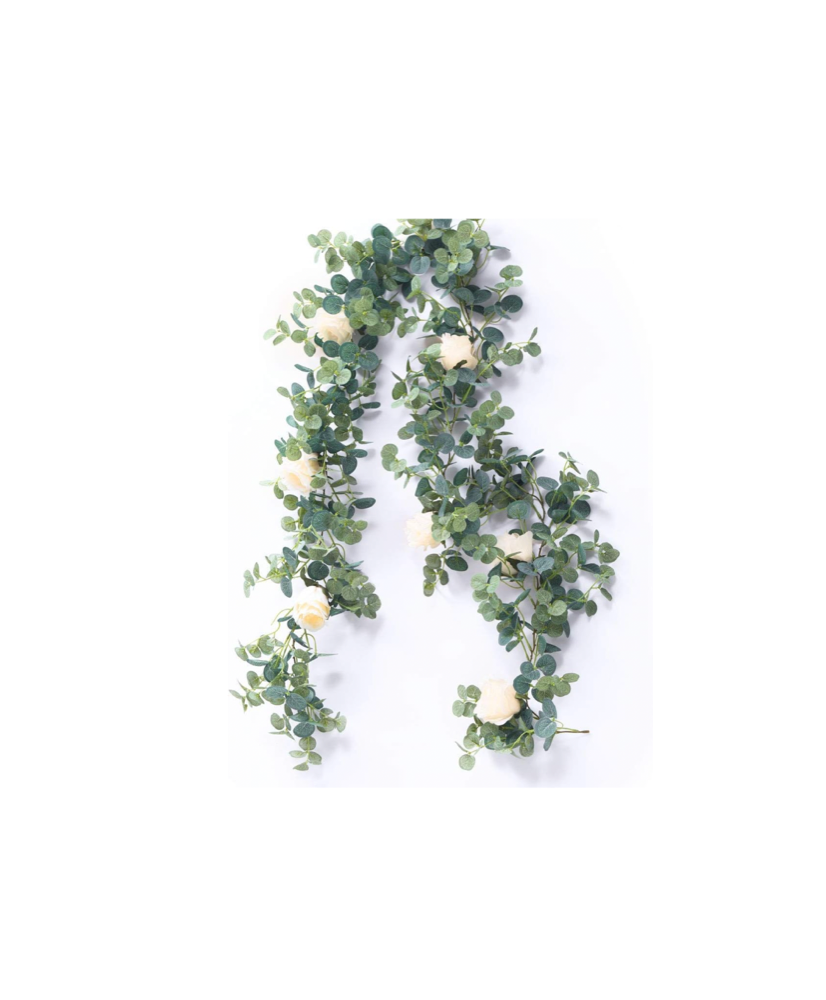 Location - Guirlande de fleurs eucalyptus vert et rose blanche MIRA