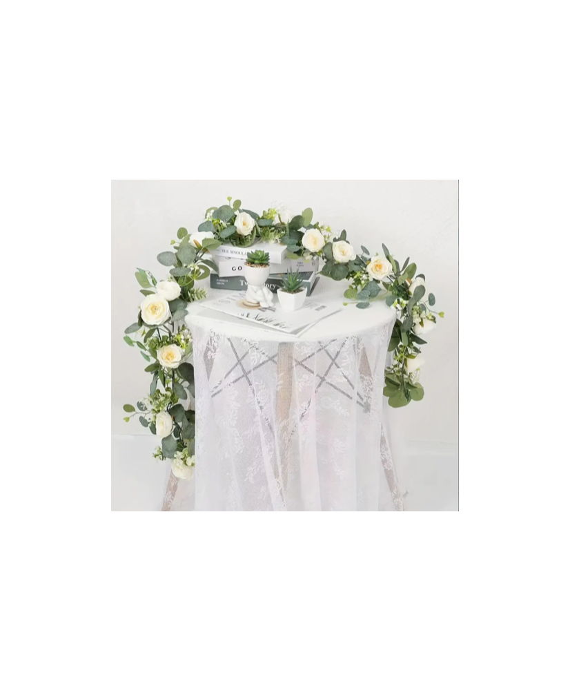 Location - Guirlande de fleurs eucalyptus vert et rose blanche MIRA